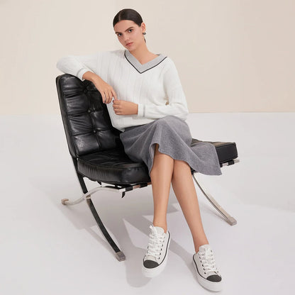 BY4521246 Women's V-Neck Long Sleeve Ribbed Sweater 100% Cotton Casual Knitted Pullover Fall Fashion 2025