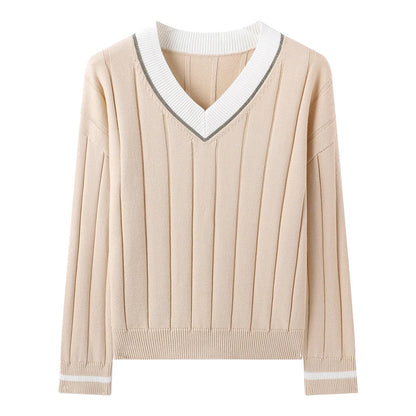 BY4521246 Women's V-Neck Long Sleeve Ribbed Sweater 100% Cotton Casual Knitted Pullover Fall Fashion 2025