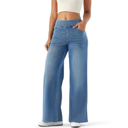 Women's High-Waisted Washed Baggy Wide-Leg Stretchy Knit Jeans with Multiple Pockets